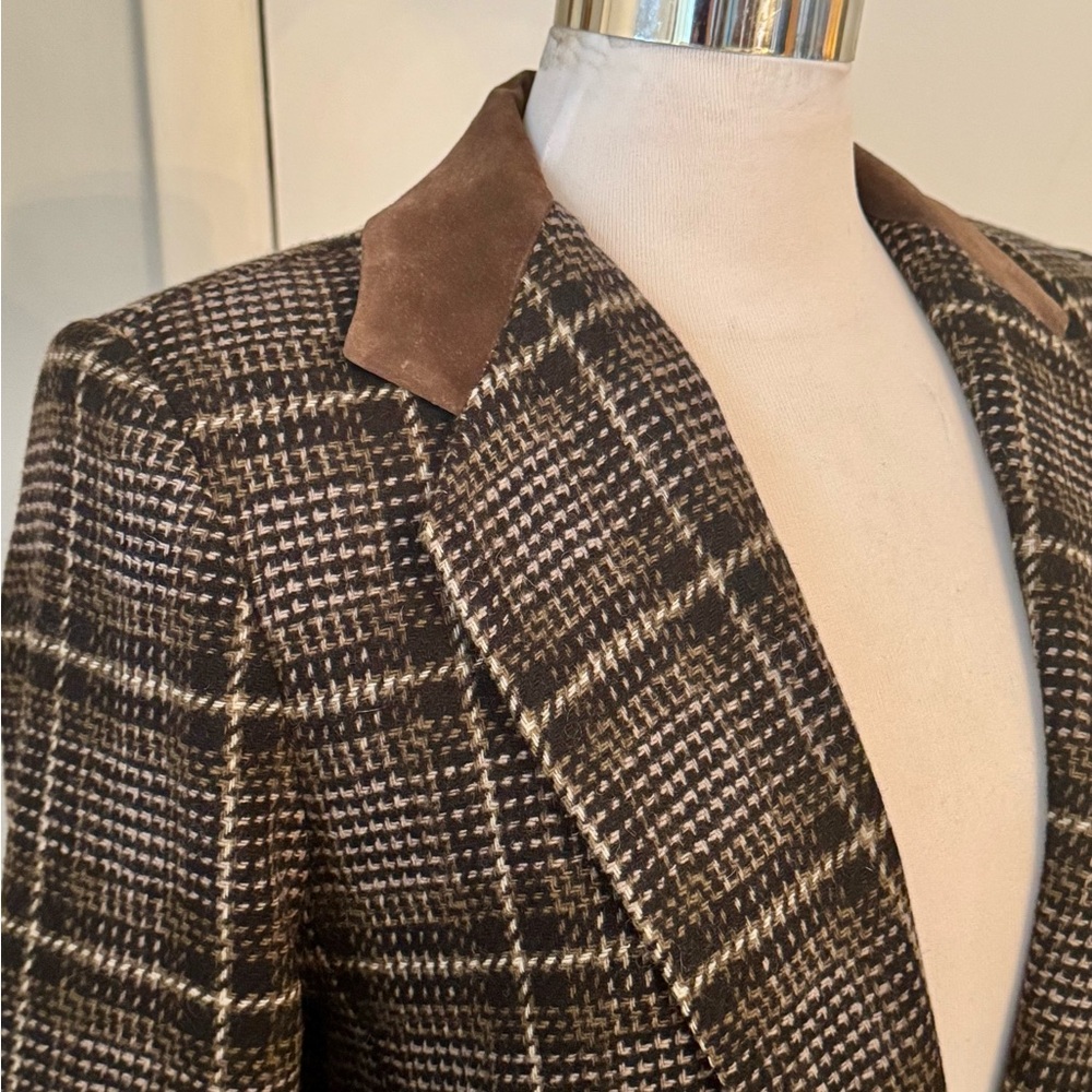 Plaid Blazer Leather Suede Collar Medium Wool blend Academia Preppy - Picture 7 of 11
